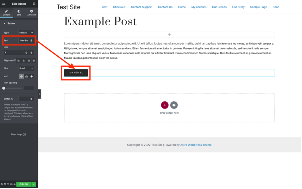 Inserting a button into a page or post using Elementor - adding the button text