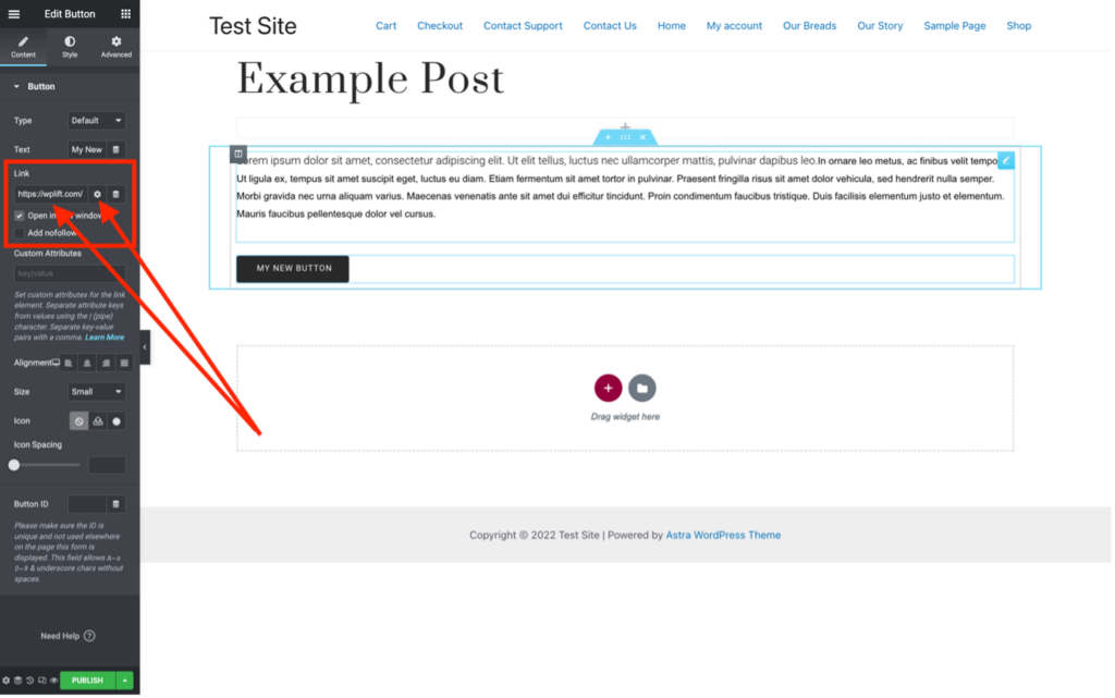 Inserting a button into a page or post using Elementor - adding the hyperlink