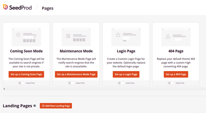 seedprod landing page options