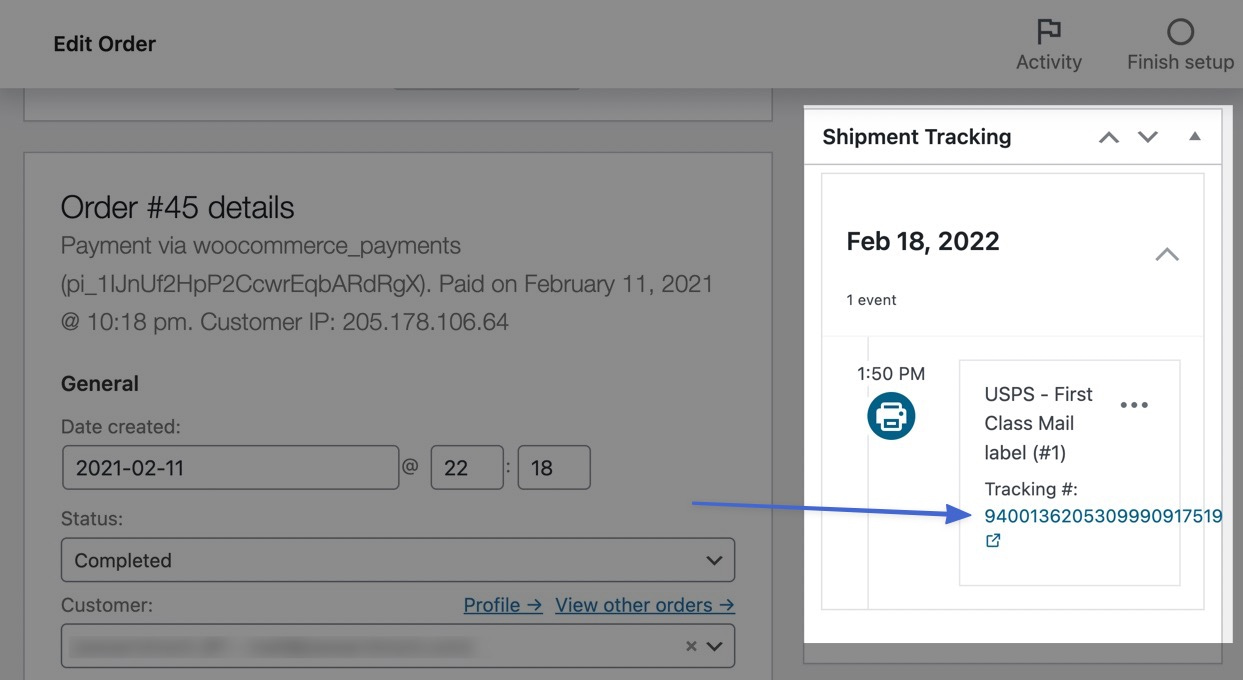 WooCommerce shipment tracking code shows up in the order page 
