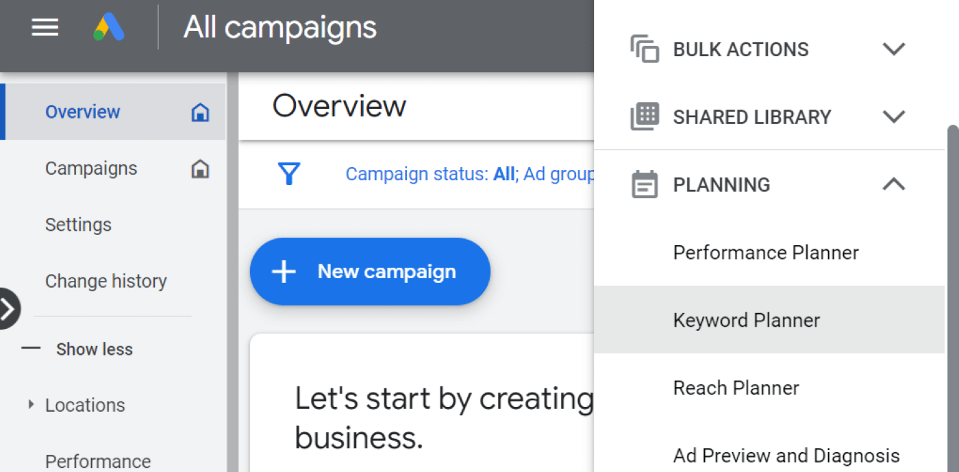 Keyword Planner option in Google Ads