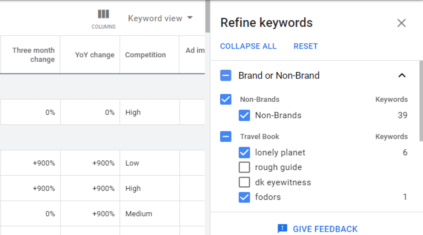 Refining keywords in Google Keyword Planner
