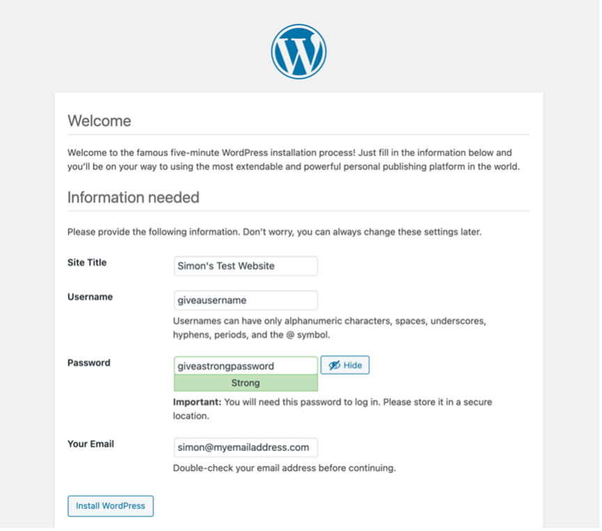 WordPress welcome screen where the site title and the admin username and password are set