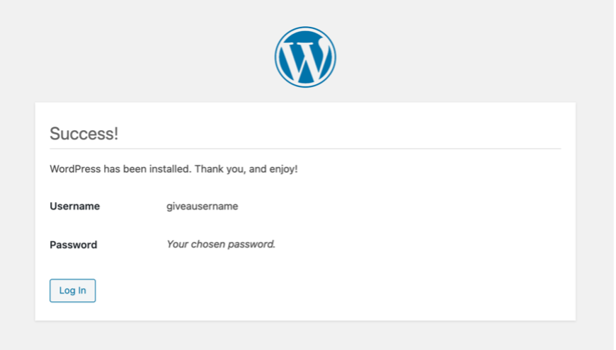 WordPress confirmation that the installation has been successfully completed