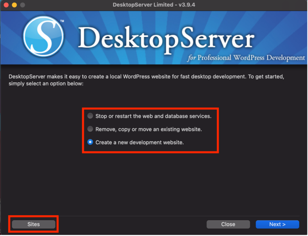 DesktopServer options panel