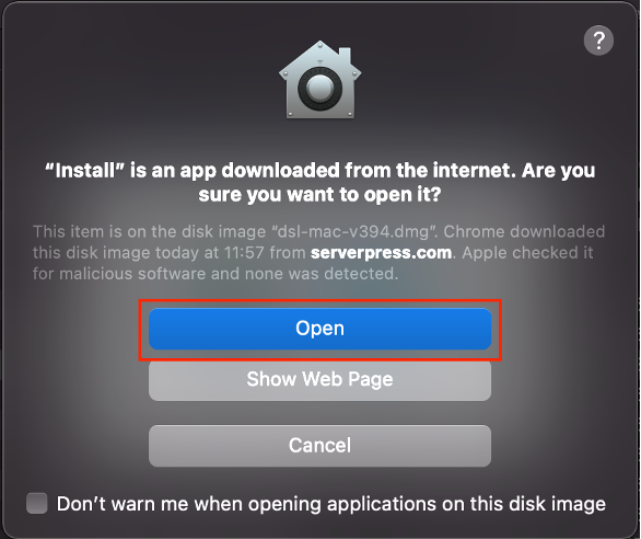 A warning message that an app is about to be installed from the internet
