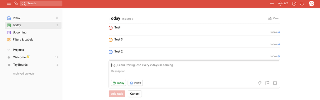Today's to-do list on Todoist