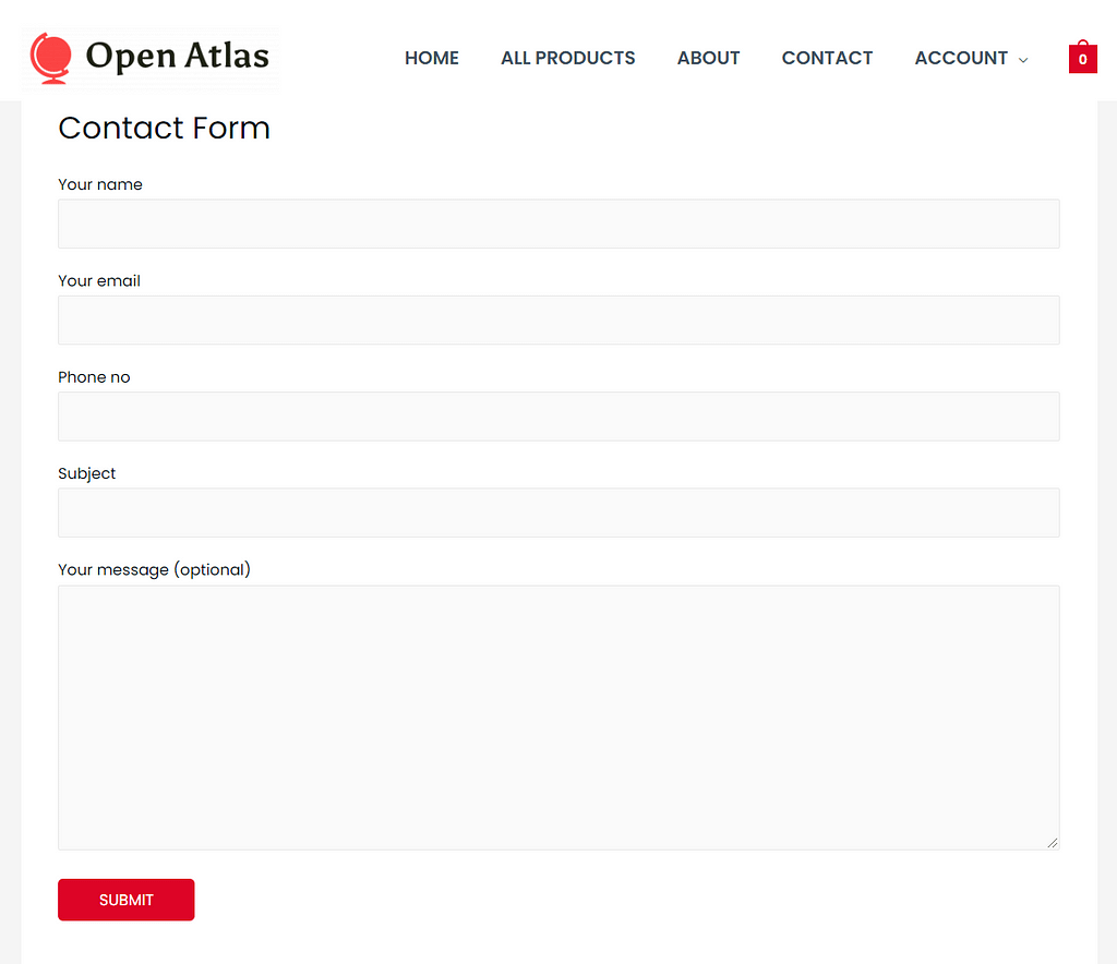A contact form built once you set up Contact Form 7