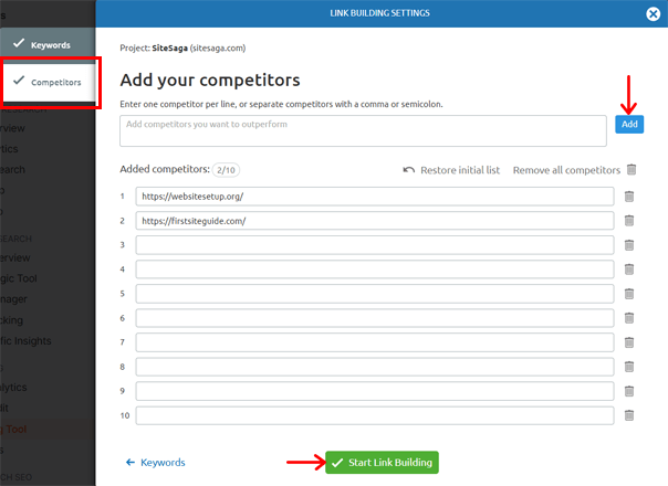 Competitors Link Building Settings