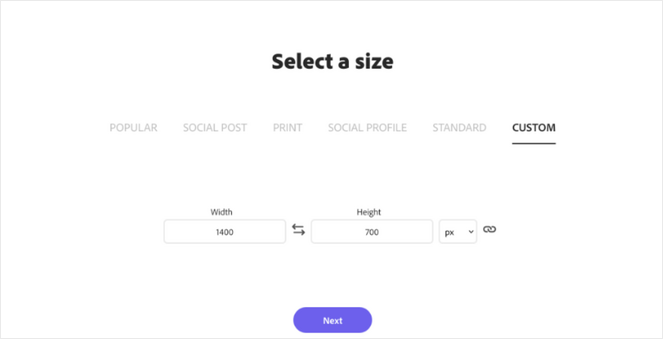 select custom size for your design