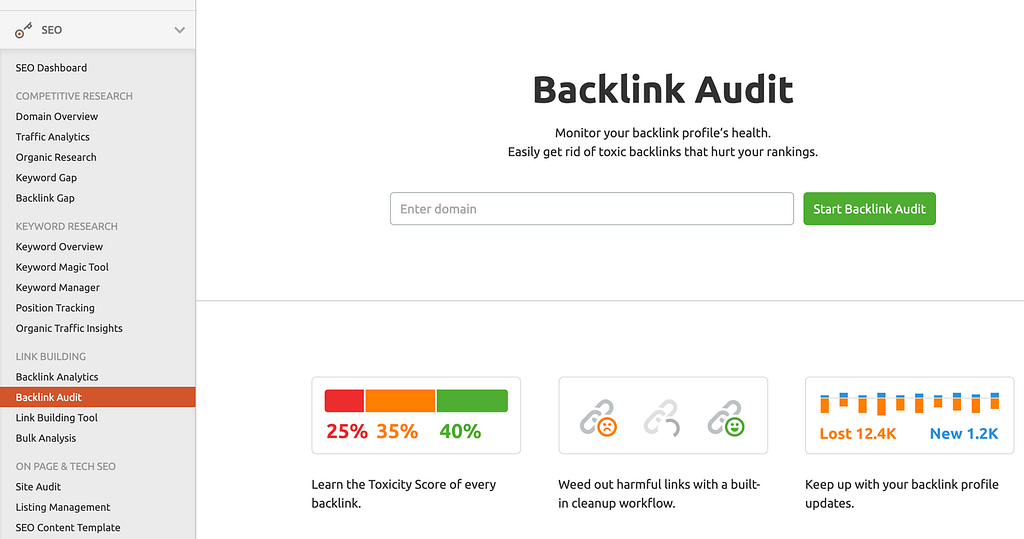 The SEMrush Backlink Audit dashboard. 