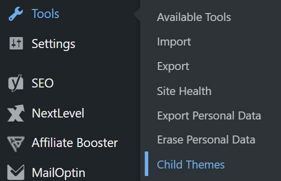 go to tools child themes