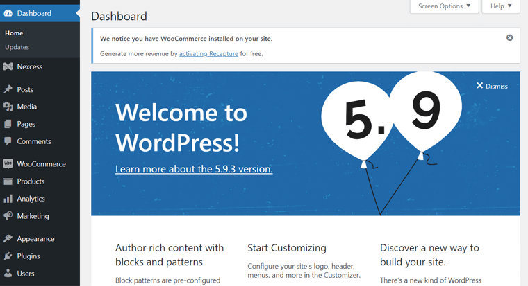 WordPress Dashboard on Nexcess