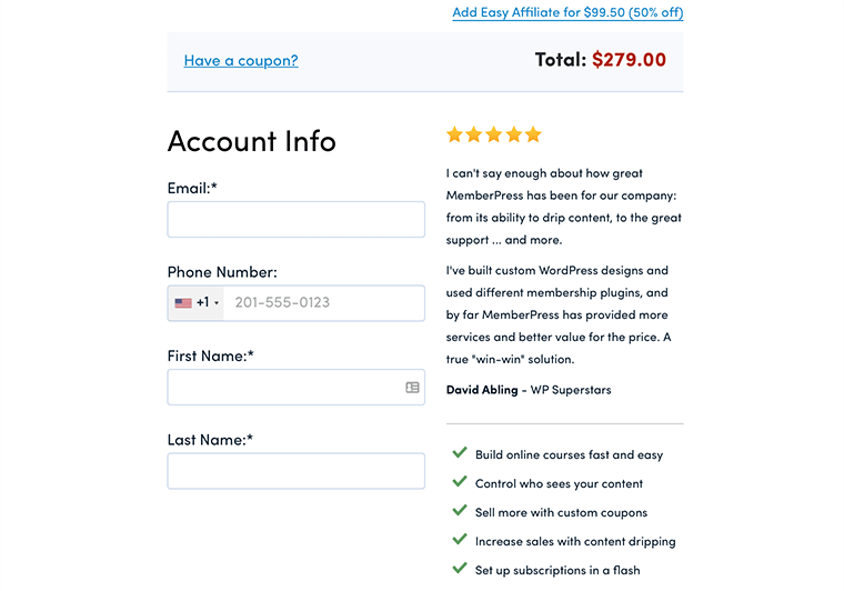 Provide Account Info to Purchase MemberPress