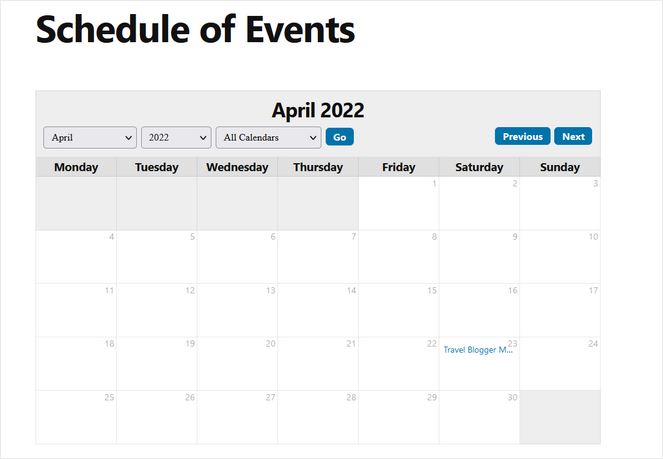 published events calendar example from sugar calendar