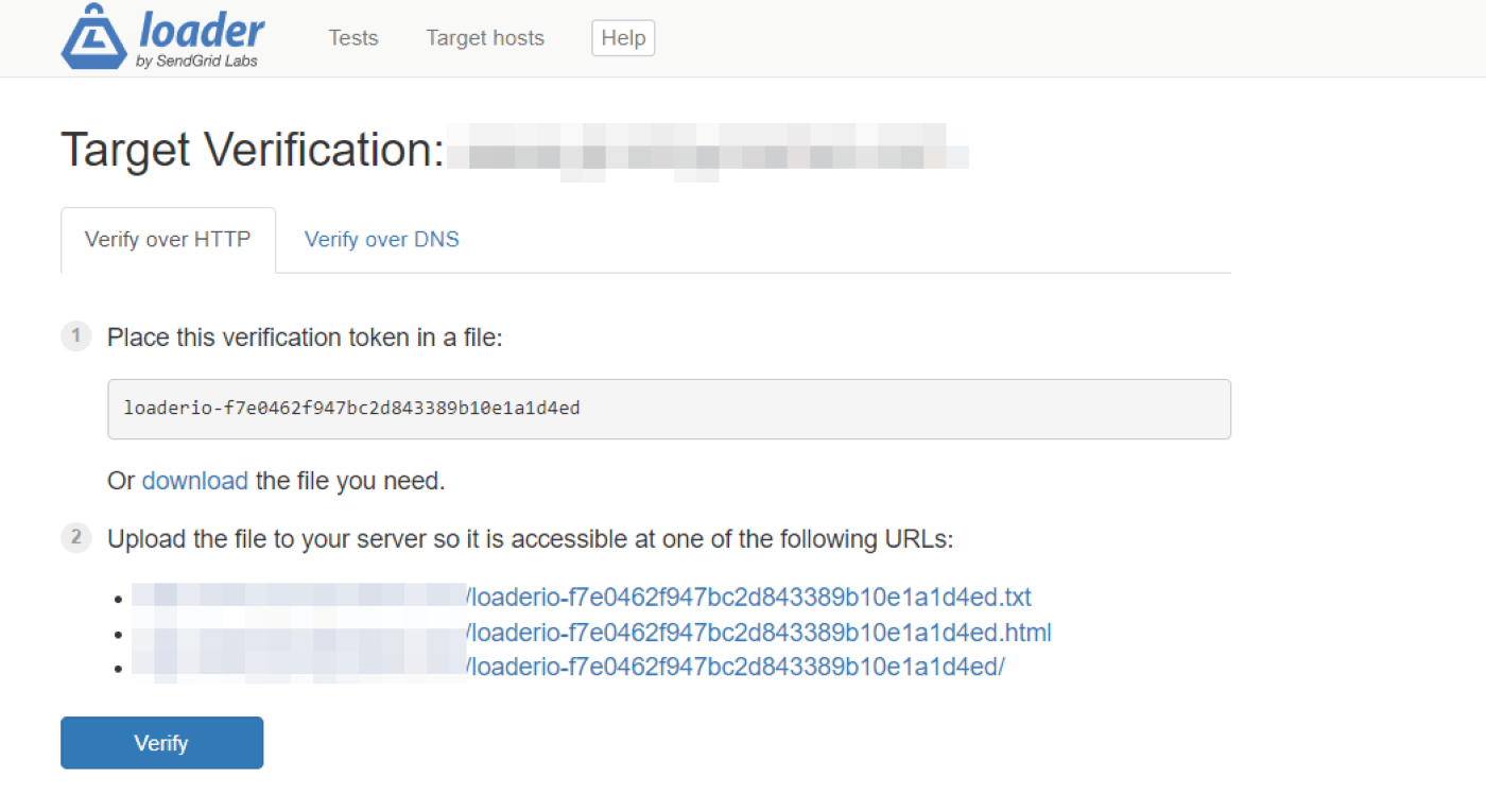 Verifying the domain in Loader.io to stress test website