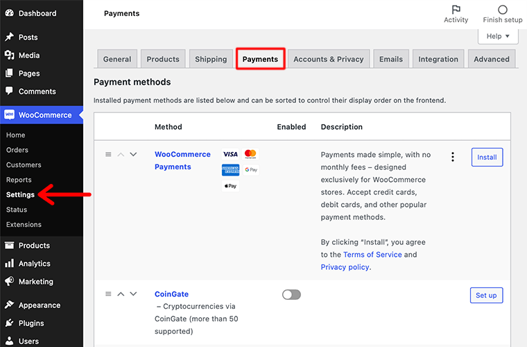 WooCommerce Payments Settings