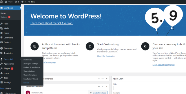 WordPress interface with installed Elementor and Crocoblock