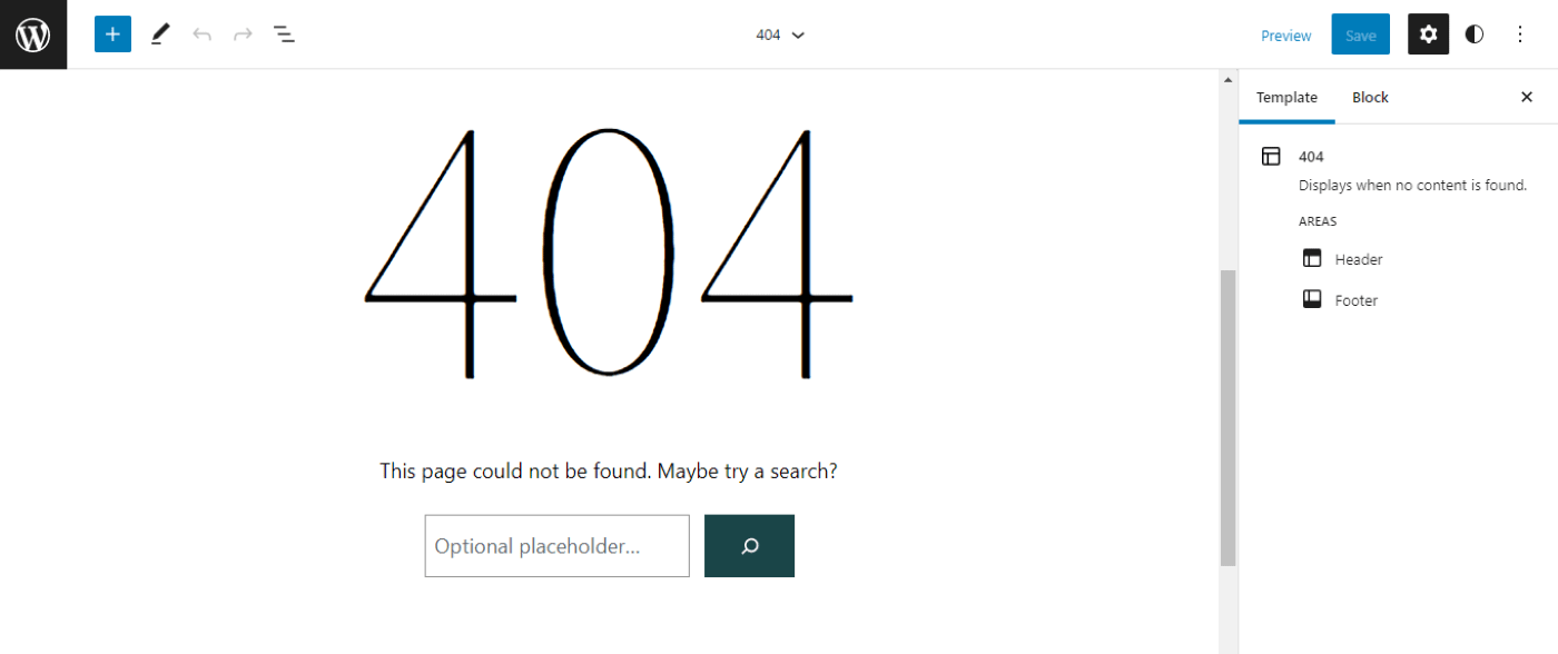 404 page for a WordPress block theme. 