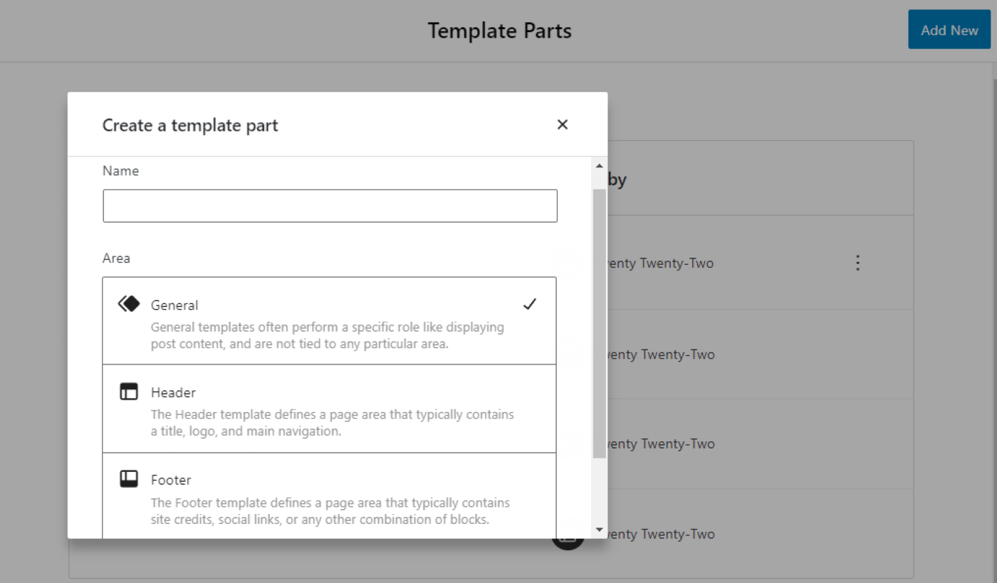Adding new template parts with a WordPress block theme. 