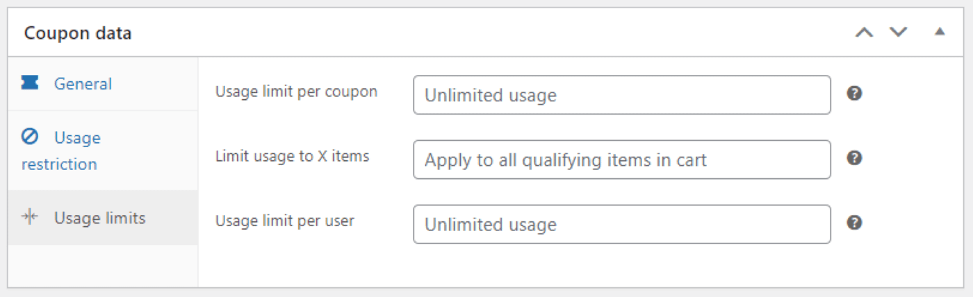 Configuring the Usage Limits settings for WooCommerce coupons.
