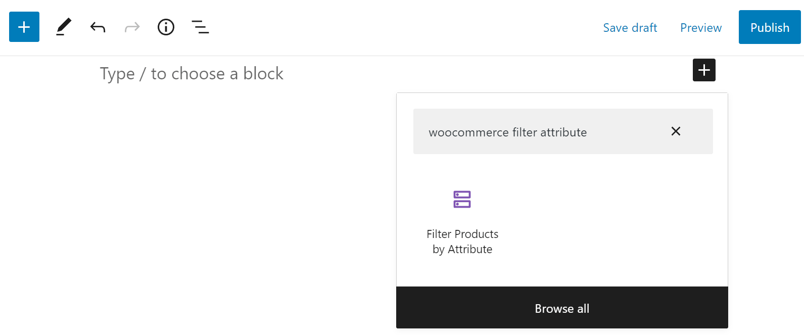Searching for the WooCommerce filter attribute block.