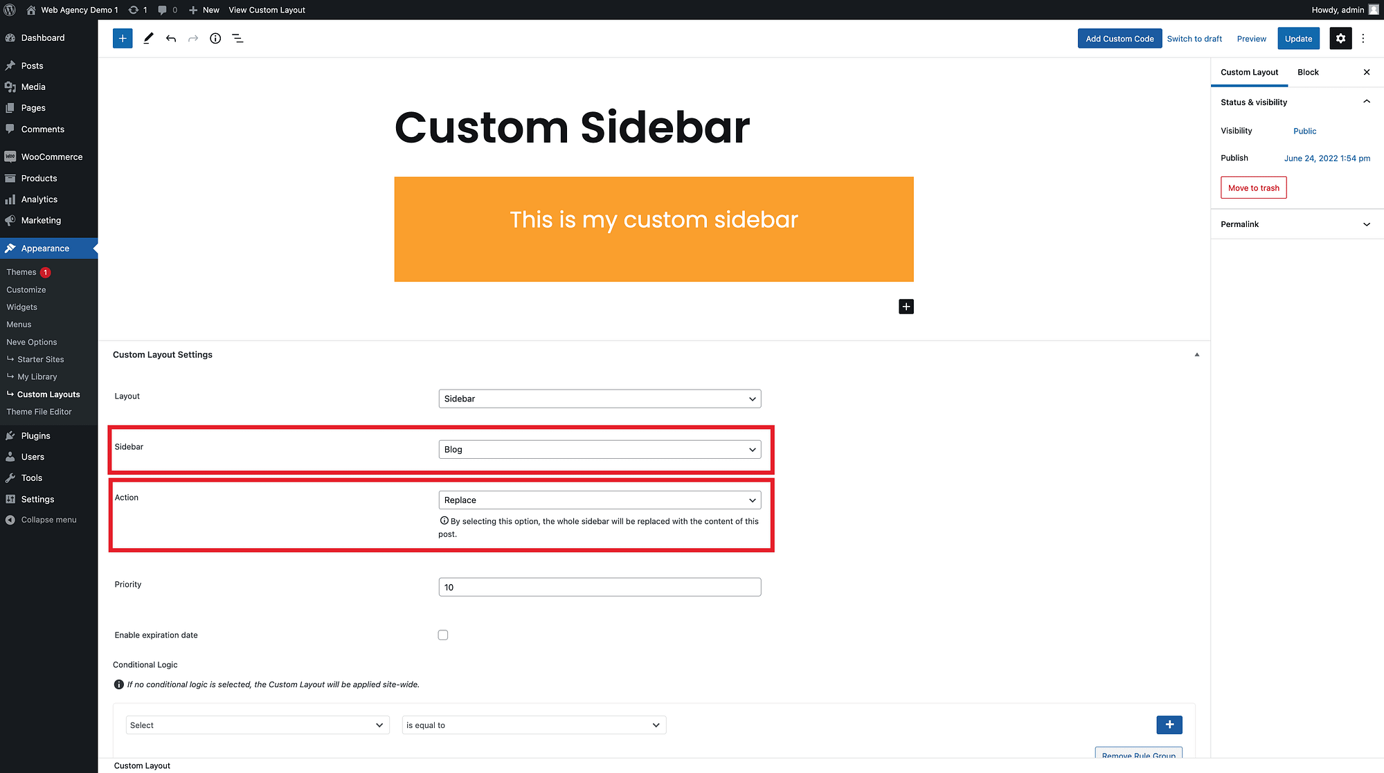 Two new Custom Layouts types: Sidebar and Global