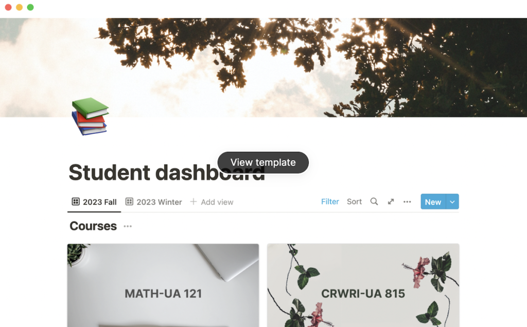 Student dashboard Notion template