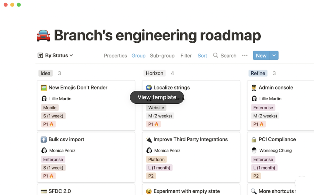 Notion Branch's engineering roadmap template