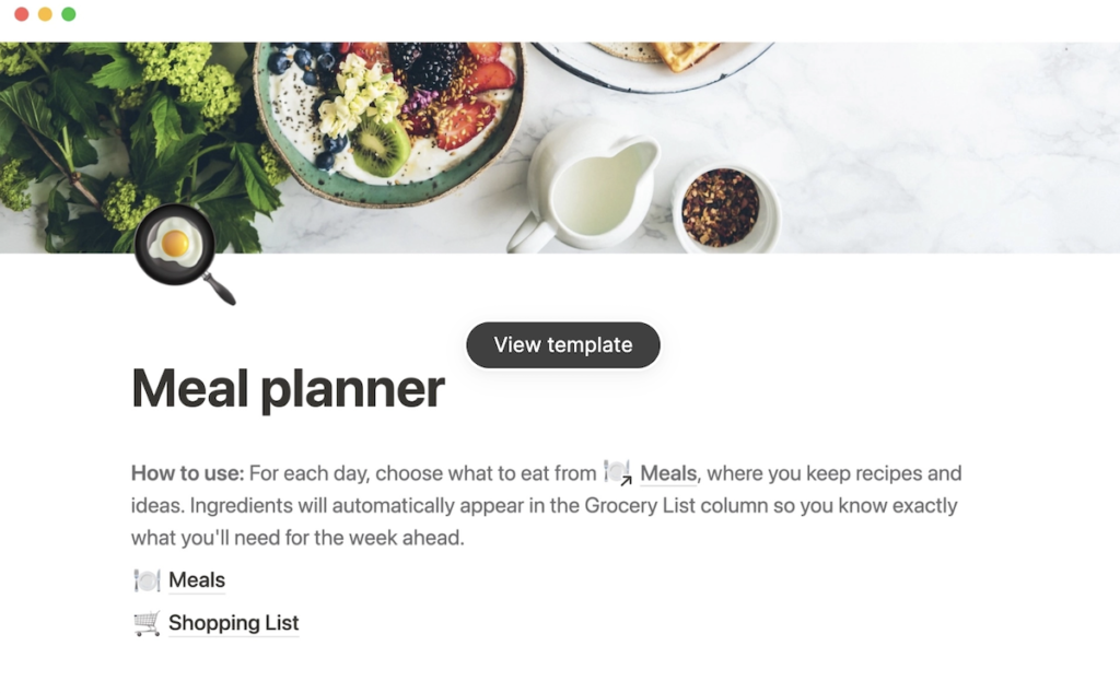 Notion meal planner template