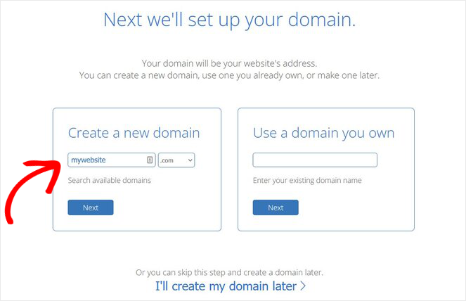 choose free domain name bluehost