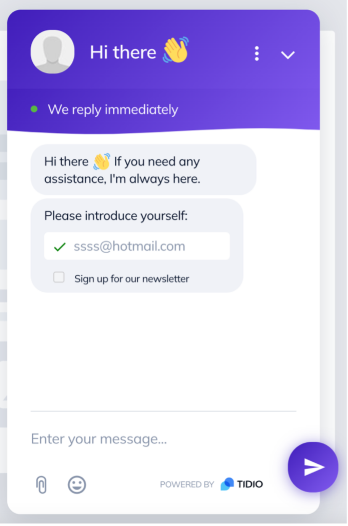 The live chat simulation feature in Tidio