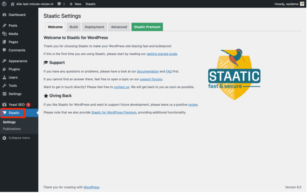 Location of the Staatic item in the WordPress admin panel menu