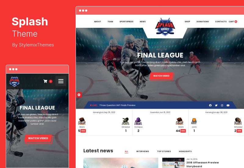 Splash Theme - Sport Club WordPress Theme for Basketball, Football, Hockey