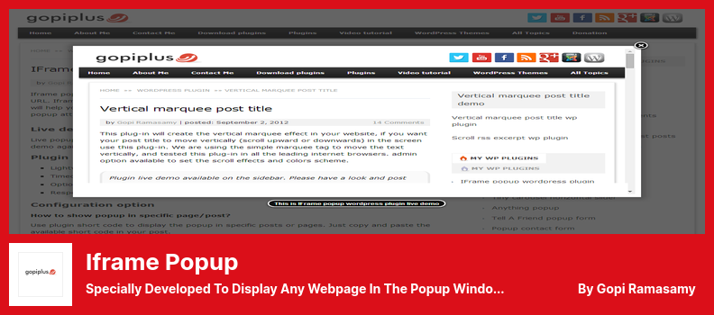 iframe popup Plugin - Specially Developed To Display Any Webpage In The Popup Window Using Web Url.