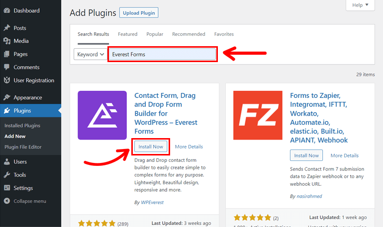 Search and Install Everest Forms Plugin