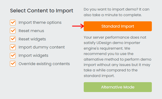 Click Standard Import or Alternative Import