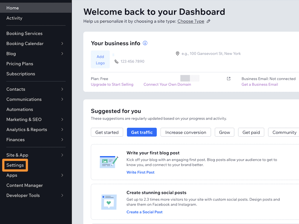 The Wix dashboard, showing the Settings link in the sidebar.