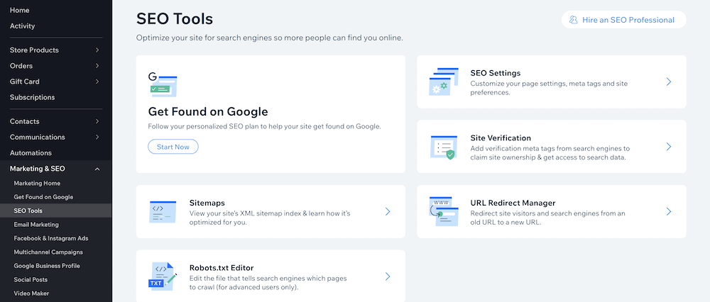The SEO Tools page within Wix.