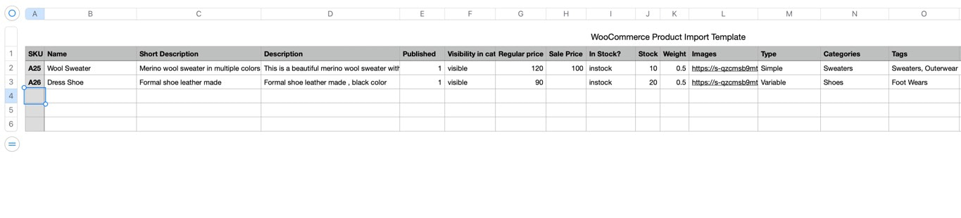 Our WooCommerce CSV import template includes the primary column headers needed for rapid product mapping automation