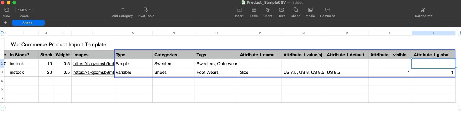 CSV fields to import products to WooCommerce