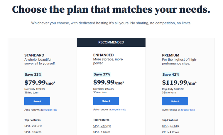 Bluehost Dedicated Web Hosting Pricing Plan
