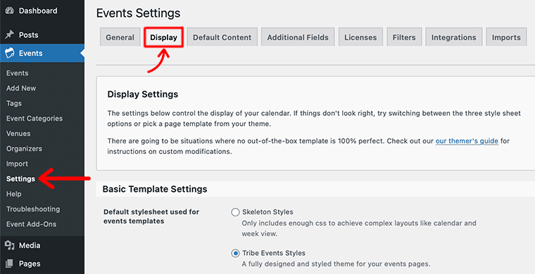 Click on the Events Display Settings