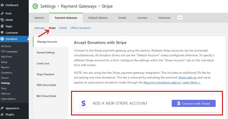 Click on Stripe Tab to Connect your Stripe Account