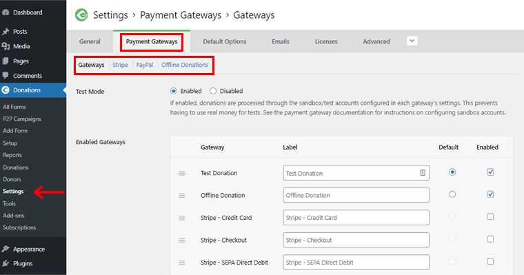 Go to Settings and Payment Gateways
