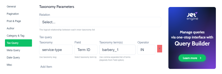 taxonomy query settings