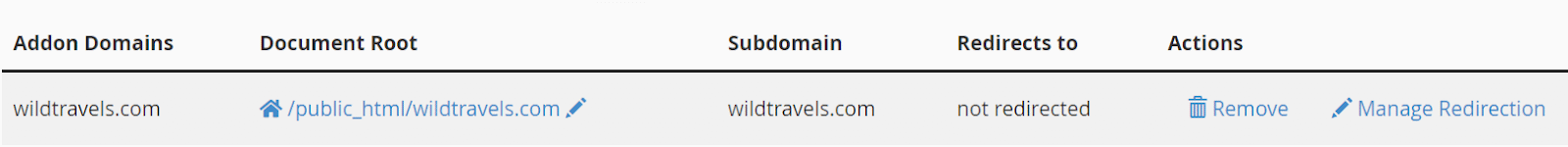 addon domains section