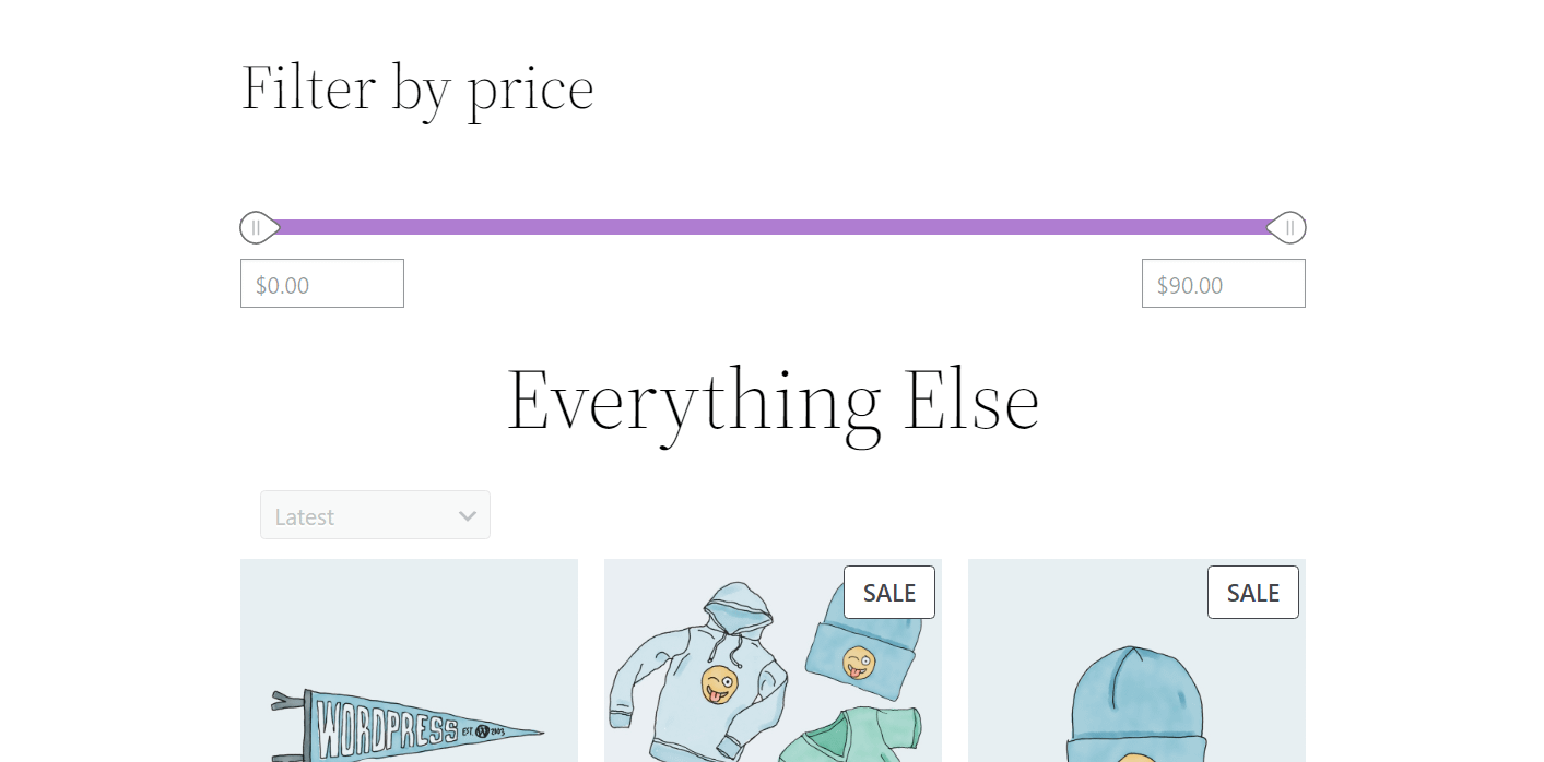 The Filter by Price block in WooCommerce shop page.