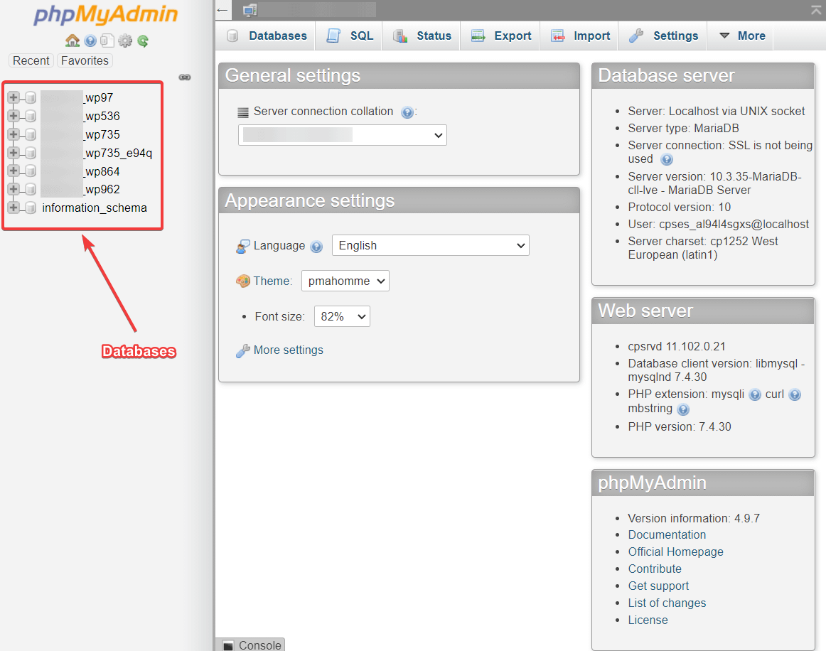 selecting a wordpress database in phpmyadmin