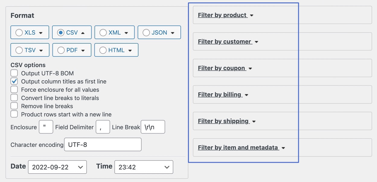 Filter the export by details